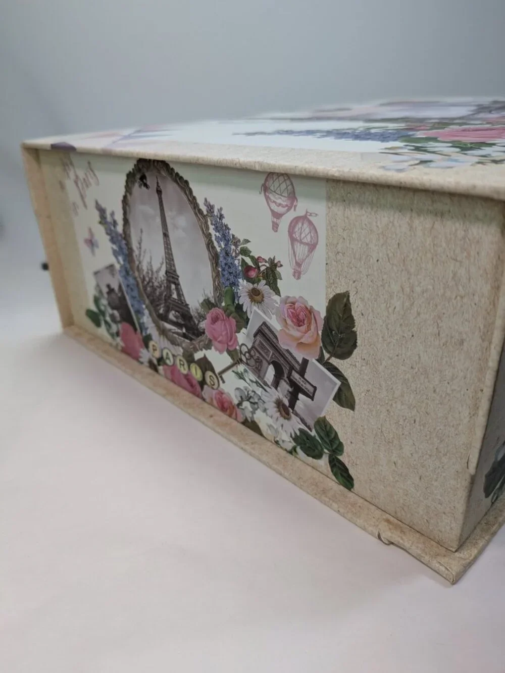 Paris Eiffel Tower Collage Storage Box Whimsical Rustic Floral Large